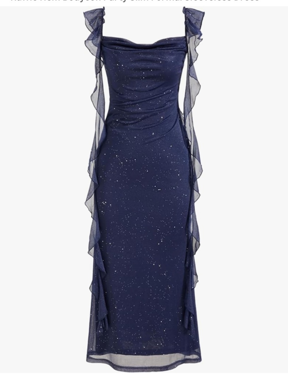 Mesh Cowl Neck Solid Sequin Ruffle Hem Maxi Dress
